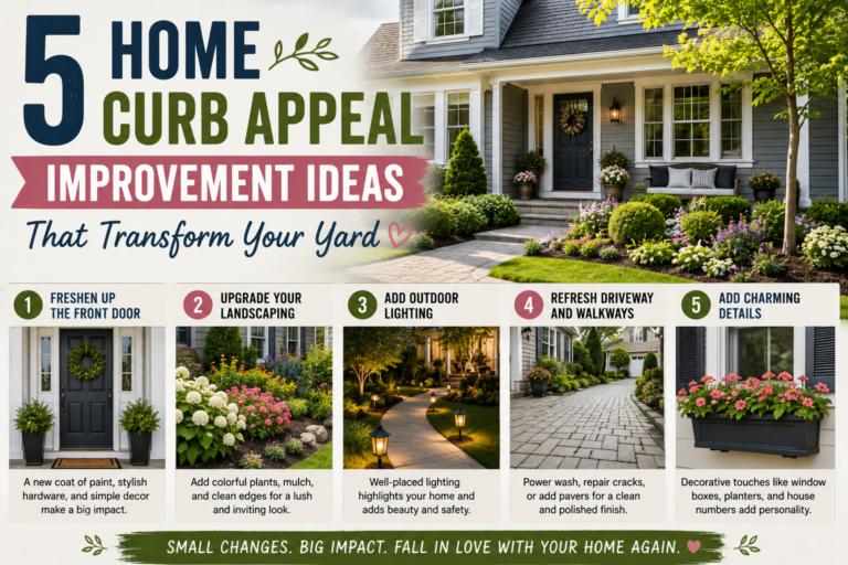 A beautifully landscaped front yard showcasing home curb appeal improvement ideas including fresh flowers, a trimmed lawn, and an inviting entryway.