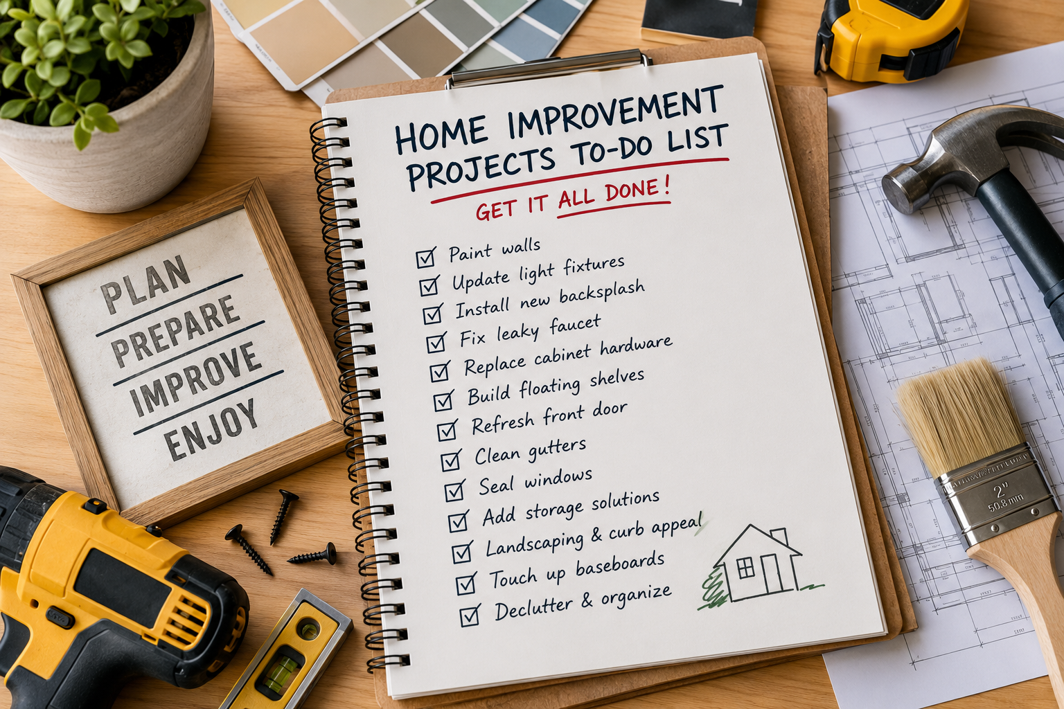 A clipboard with a home improvement projects to-do list resting on a wooden workbench surrounded by tools and paint swatches.