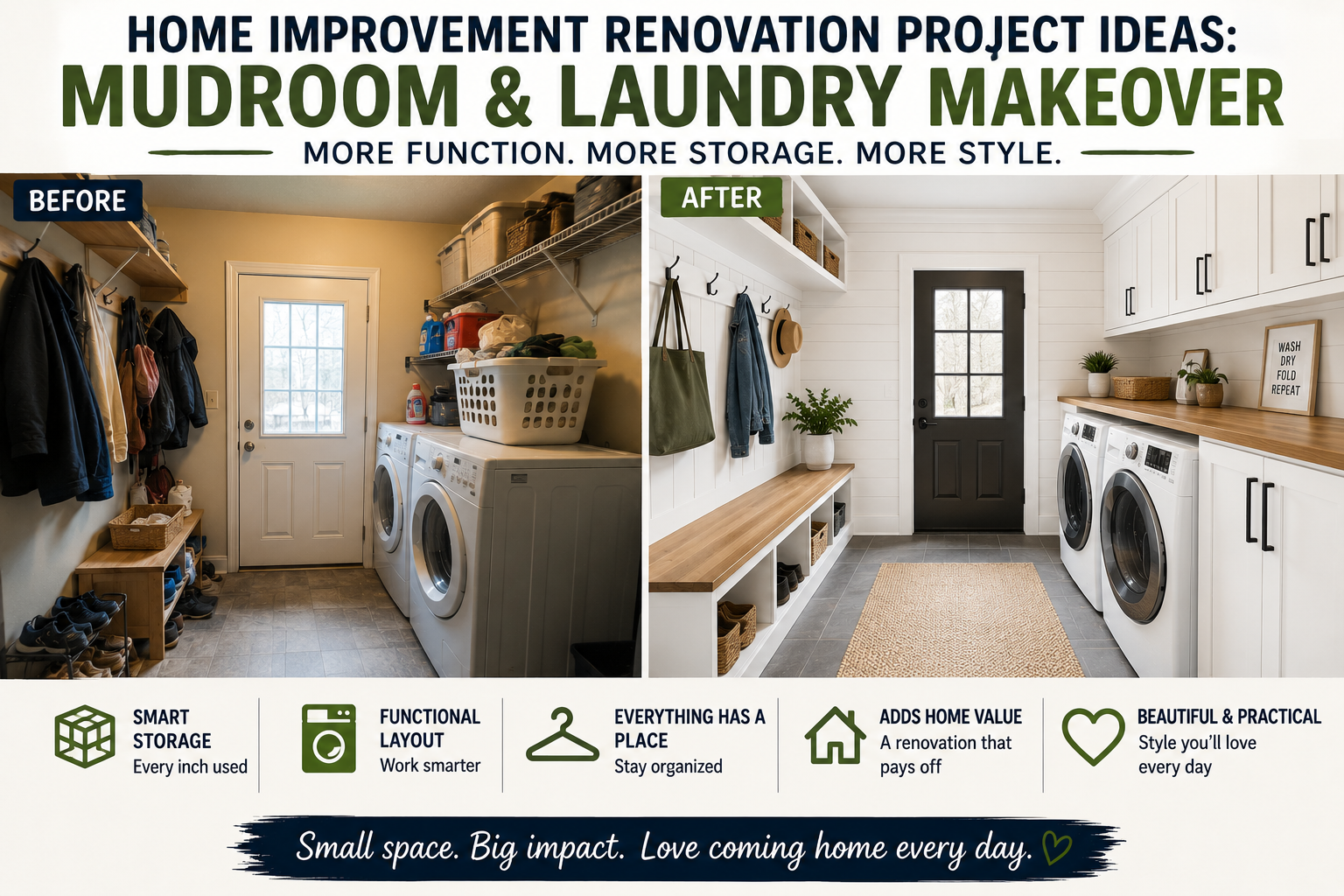 A beautifully renovated mudroom and laundry room featuring built-in storage cubbies, a farmhouse utility sink, and bright white cabinetry, showcasing some of the best home improvement renovation project ideas for functional family spaces.