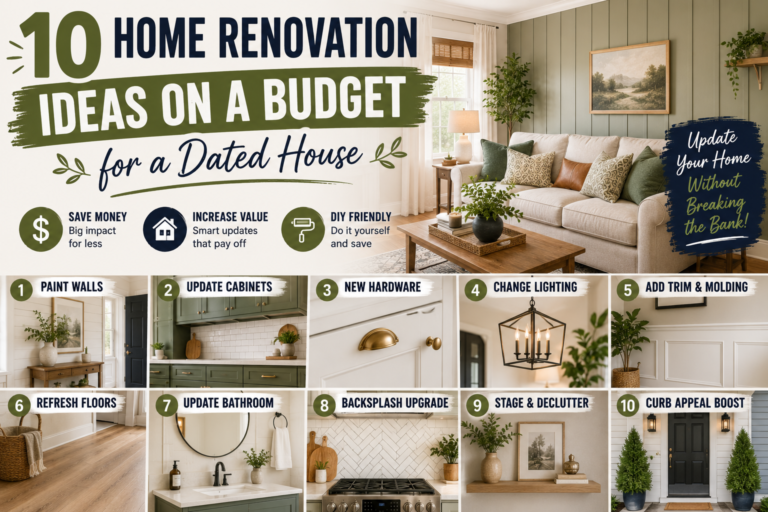 A dated living room transformed with affordable updates, showcasing practical home renovation ideas on a budget including fresh paint and modern fixtures.