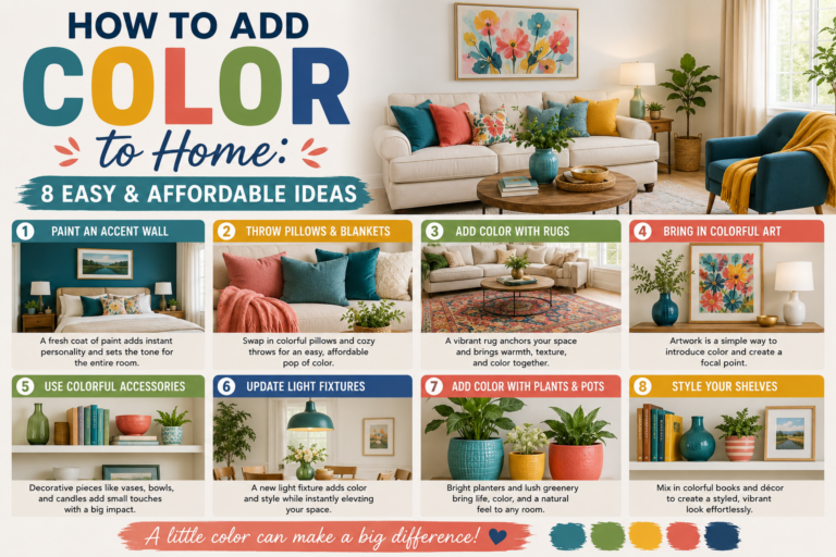 A bright and inviting living room showcasing easy ways how to add color to home through throw pillows, artwork, and painted accent walls.