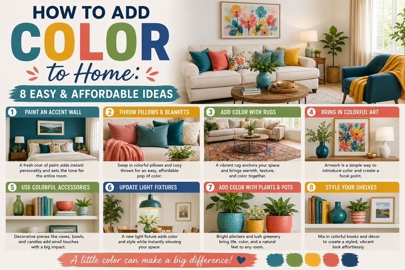 A bright and inviting living room showcasing easy ways how to add color to home through throw pillows, artwork, and painted accent walls.