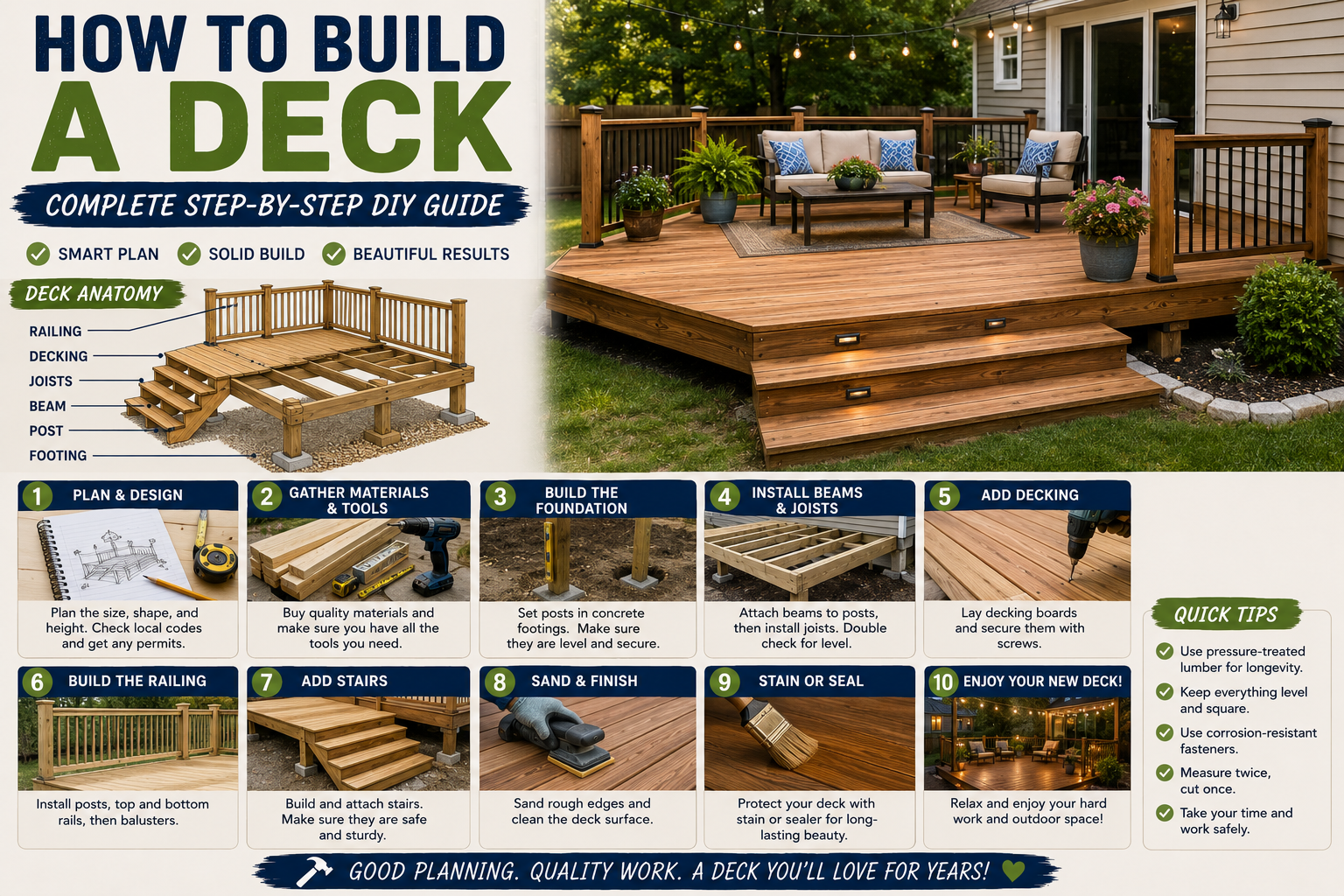 A homeowner building a deck with wooden boards and tools laid out on a sunny backyard patio.