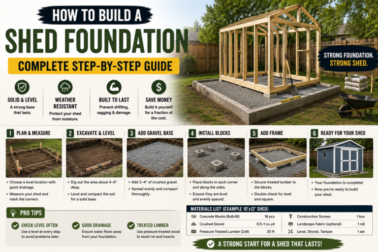 A worker leveling gravel to build a shed foundation on a residential property.