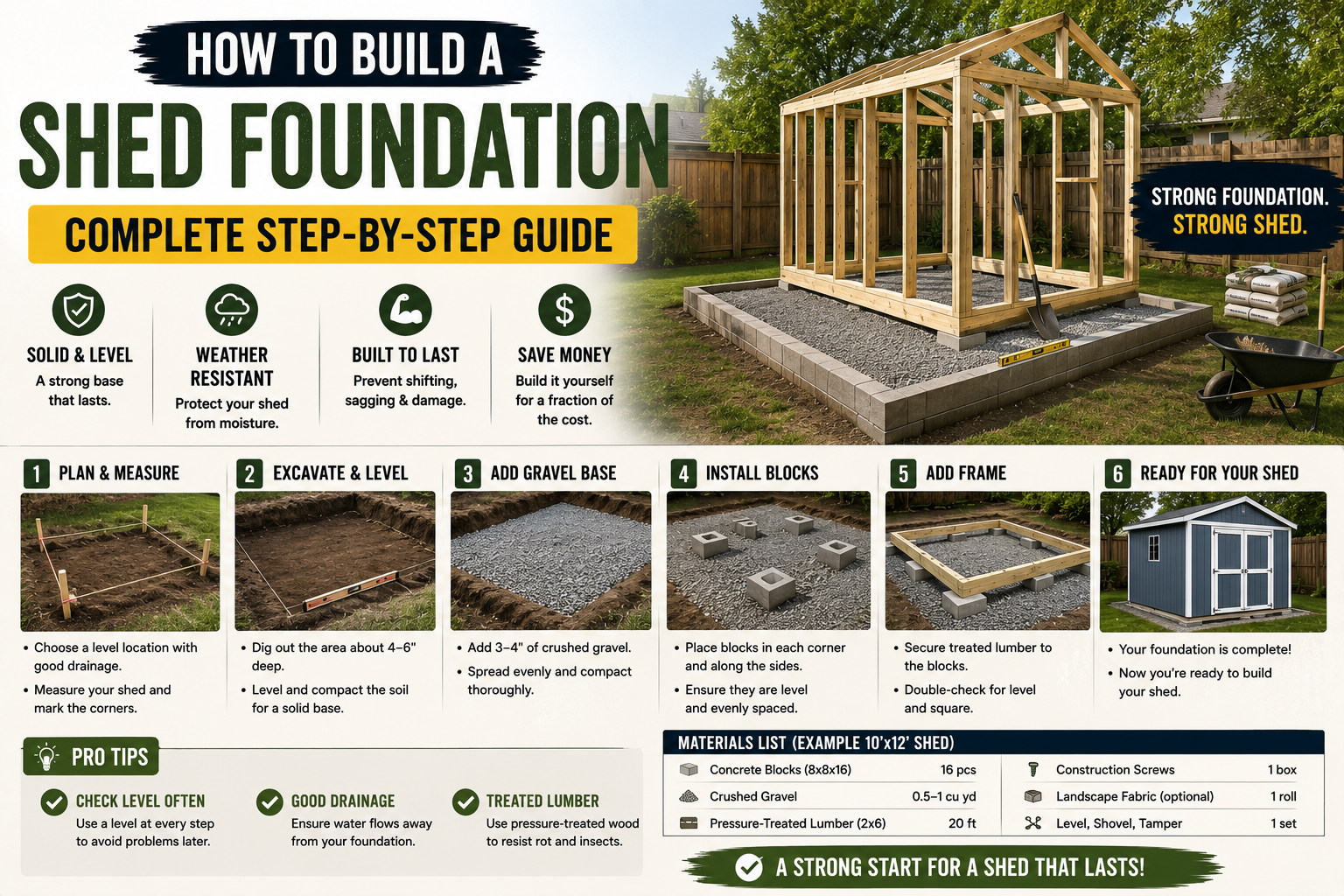 A worker leveling gravel to build a shed foundation on a residential property.