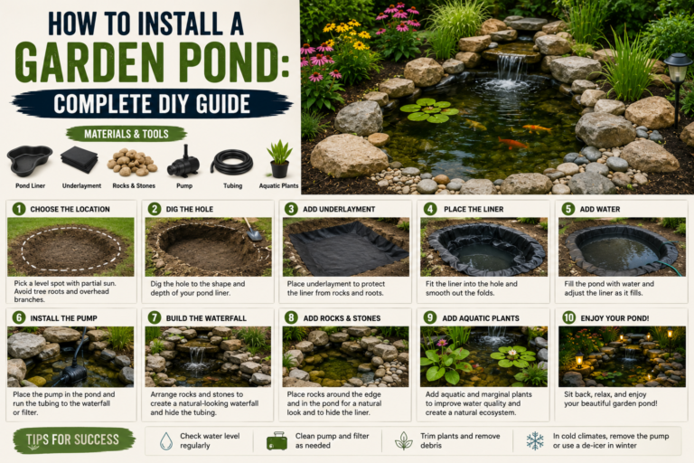 A homeowner installing a garden pond liner in a freshly dug backyard excavation surrounded by natural stone edging.