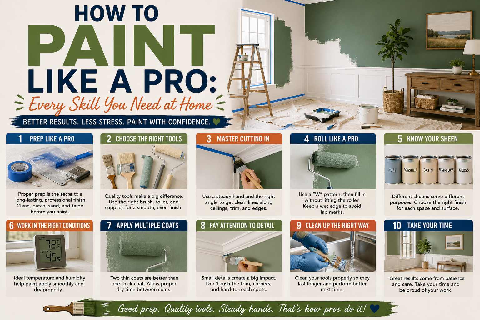 A person demonstrating how to paint like a pro by applying smooth, even strokes on a freshly prepped interior wall with a high-quality roller.