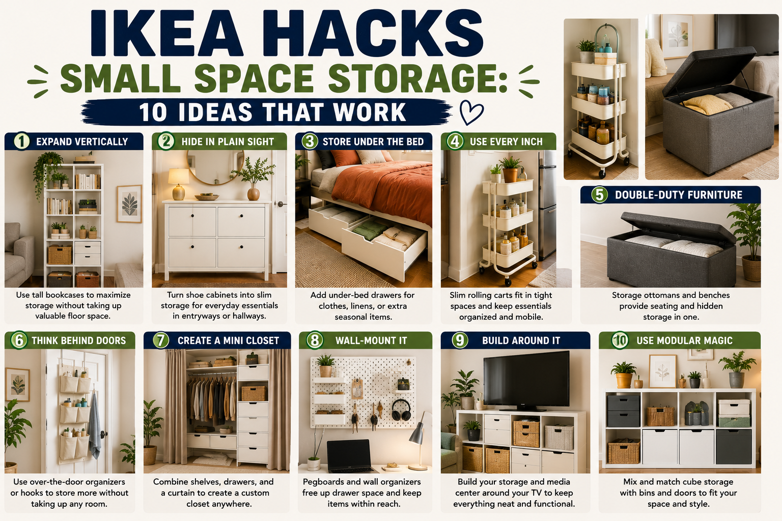 A collection of IKEA hacks for small space storage featuring a neatly organized apartment with custom shelving, hidden compartments, and clever cabinet arrangements.