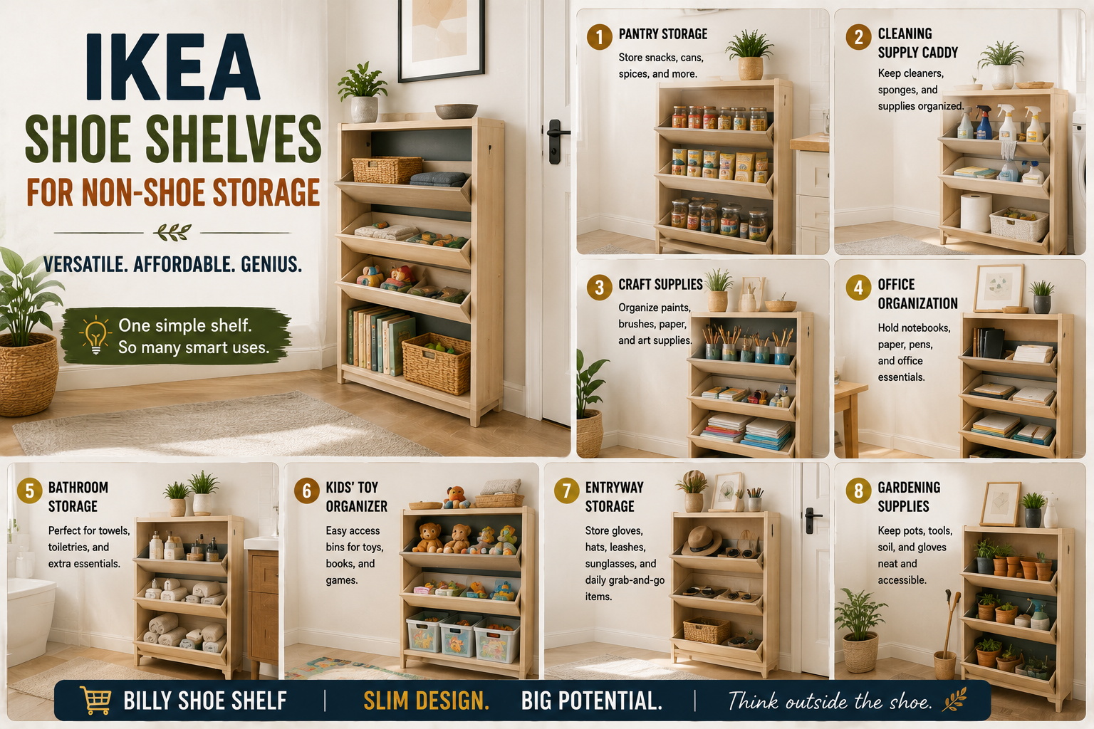 IKEA shoe shelf organizer repurposed for pantry, bathroom, office, toy, and household storage in a small space.