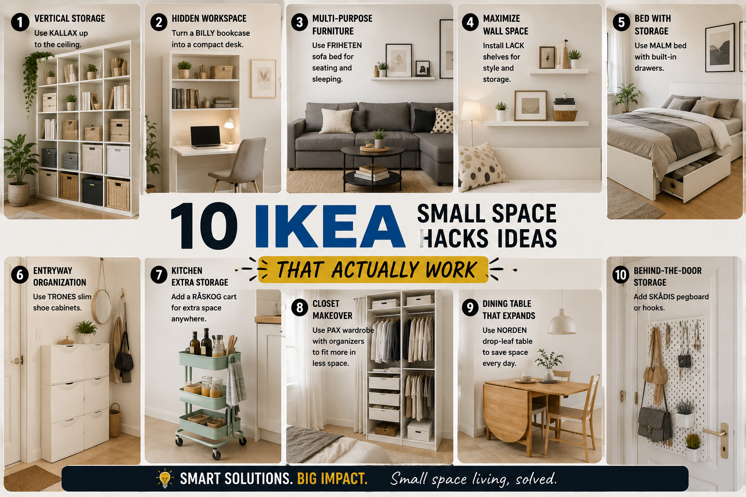 A cleverly organized small living room featuring IKEA small space hacks ideas like wall-mounted shelves, multifunctional furniture, and hidden storage solutions.