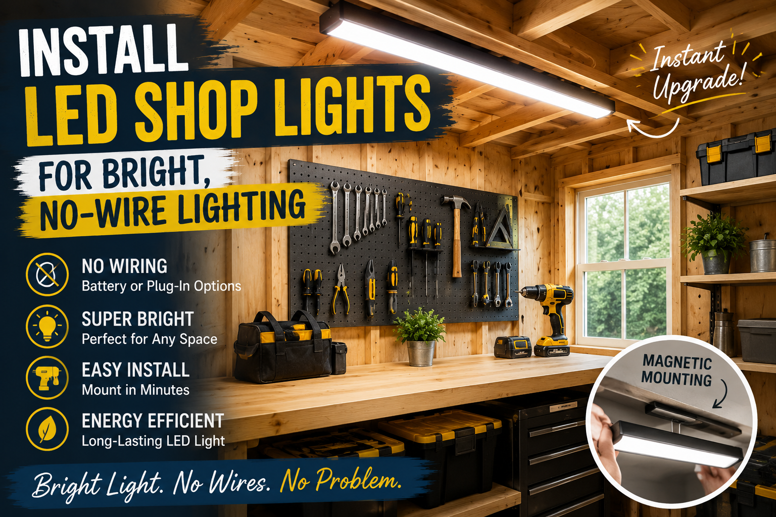 Bright LED shop lights installed in a shed workshop providing powerful illumination without complex electrical wiring.