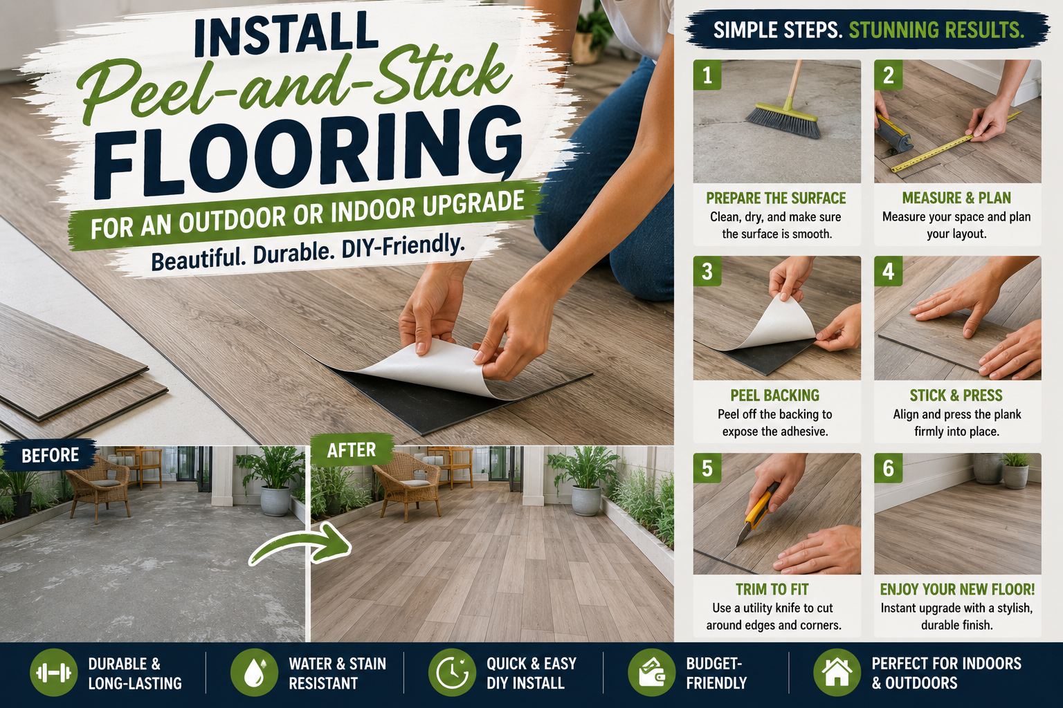 Installing peel-and-stick flooring planks during a DIY home improvement project for a patio, sunroom, mudroom, or interior space.