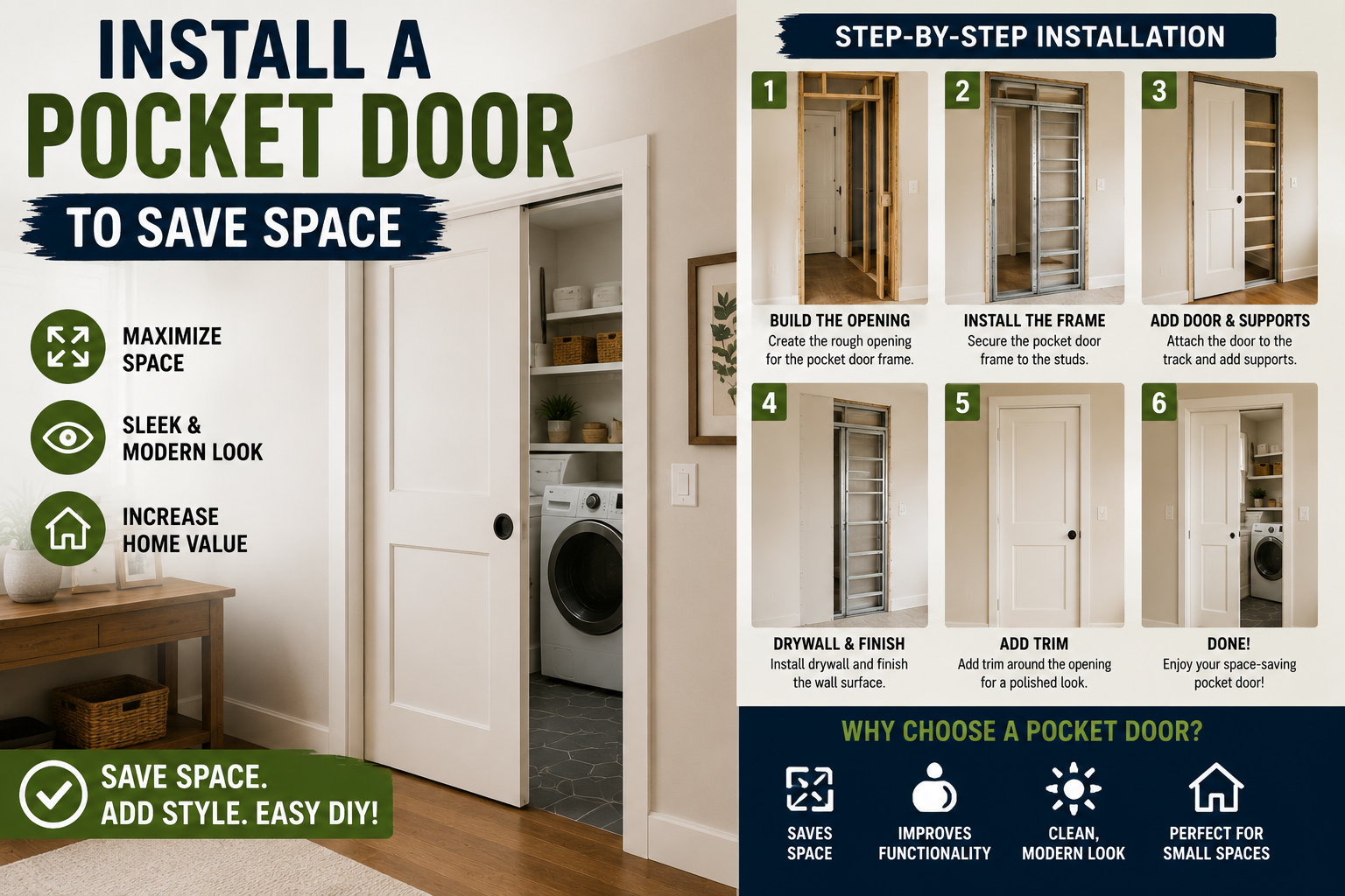 Modern pocket door sliding into a wall cavity during a DIY home renovation project to maximize space in a laundry room.