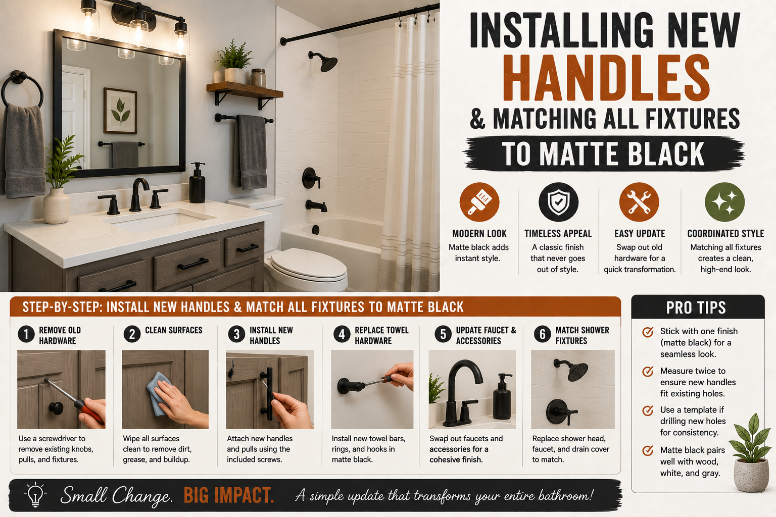 Bathroom makeover featuring new matte black cabinet handles, faucet, shower fixtures, and accessories for a modern coordinated design.