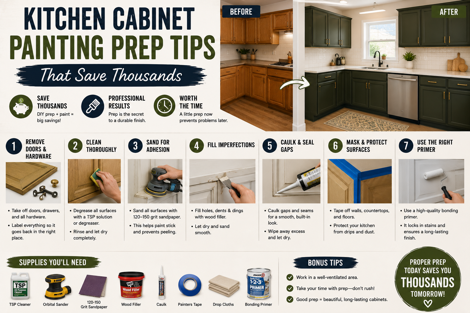 A homeowner applying primer to sanded cabinet doors as part of essential kitchen cabinet painting prep tips for a professional finish.