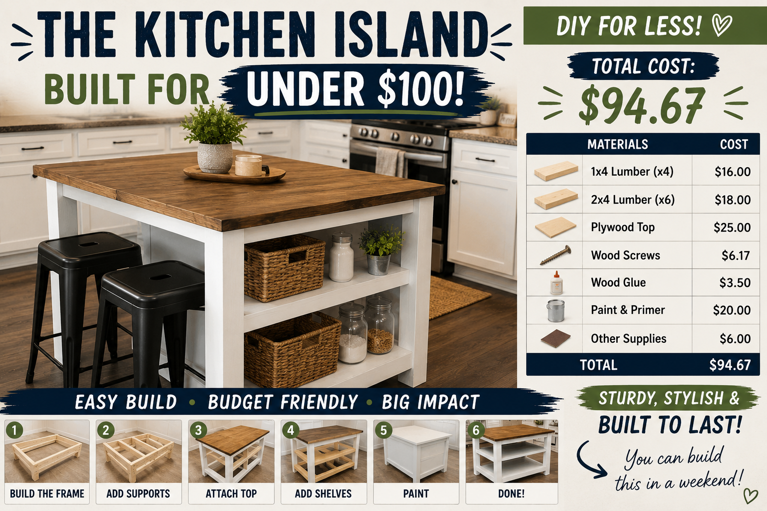 DIY kitchen island built for under $100 featuring a wood countertop, painted base, open shelving, and bar stools.