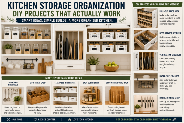 A bright, organized kitchen featuring open shelving and labeled containers as part of kitchen storage organization DIY projects.