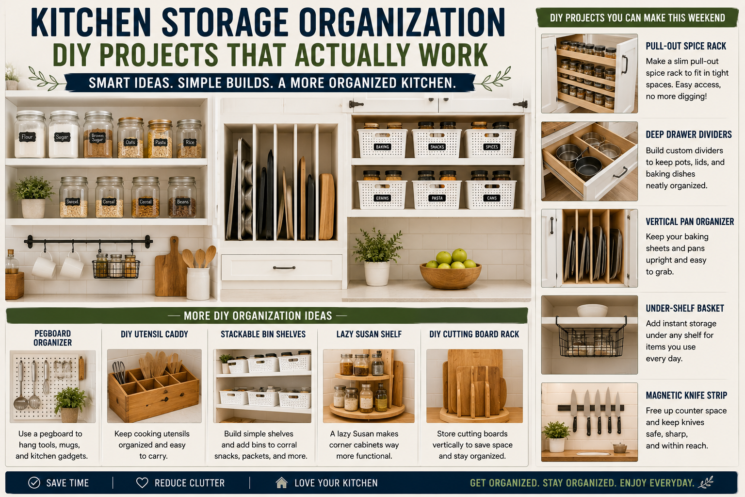 A bright, organized kitchen featuring open shelving and labeled containers as part of kitchen storage organization DIY projects.