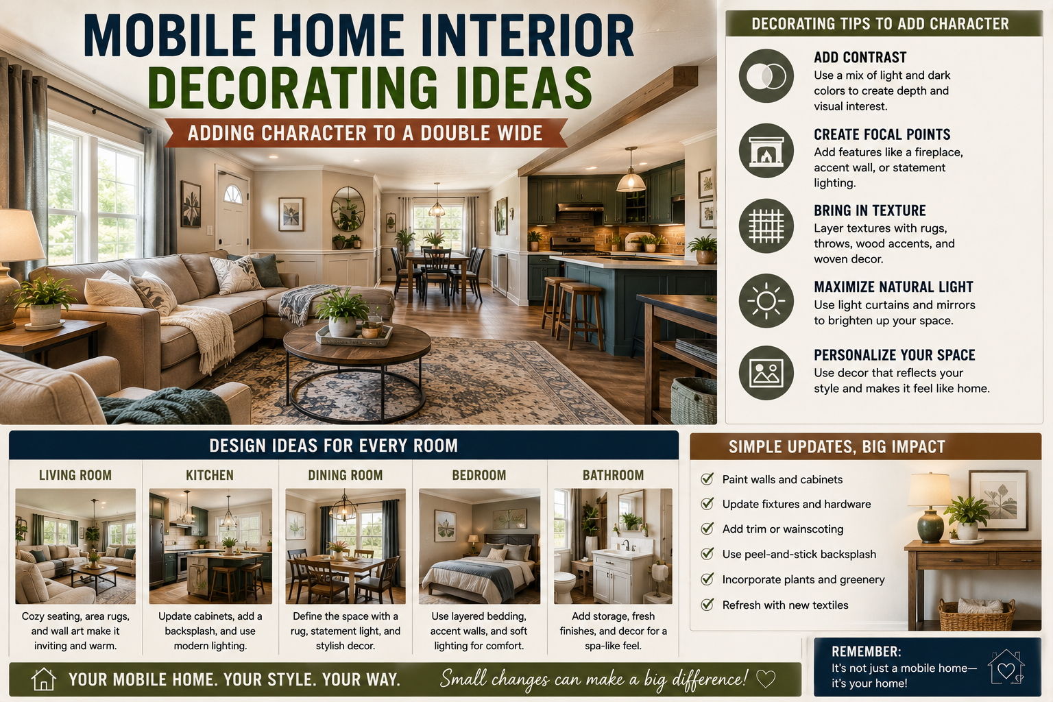 A beautifully decorated double wide mobile home interior featuring warm lighting, shiplap accent walls, and modern furnishings that showcase creative mobile home interior decorating ideas.