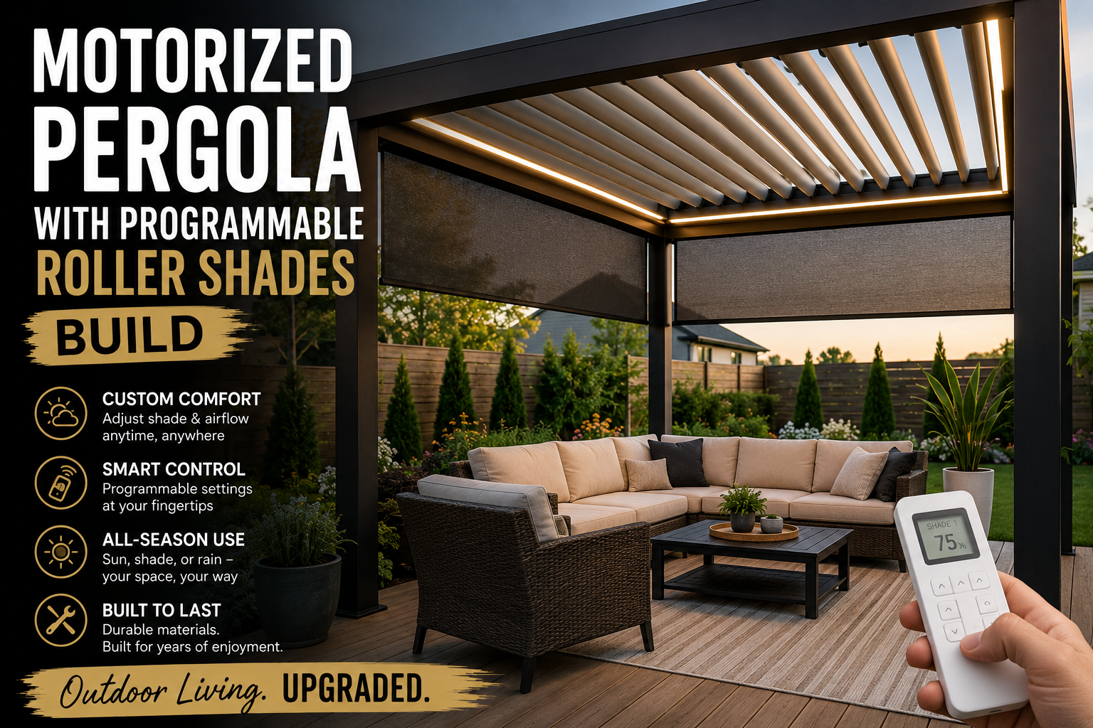 A modern backyard motorized pergola with programmable roller shades partially extended to block afternoon sunlight over an outdoor seating area.