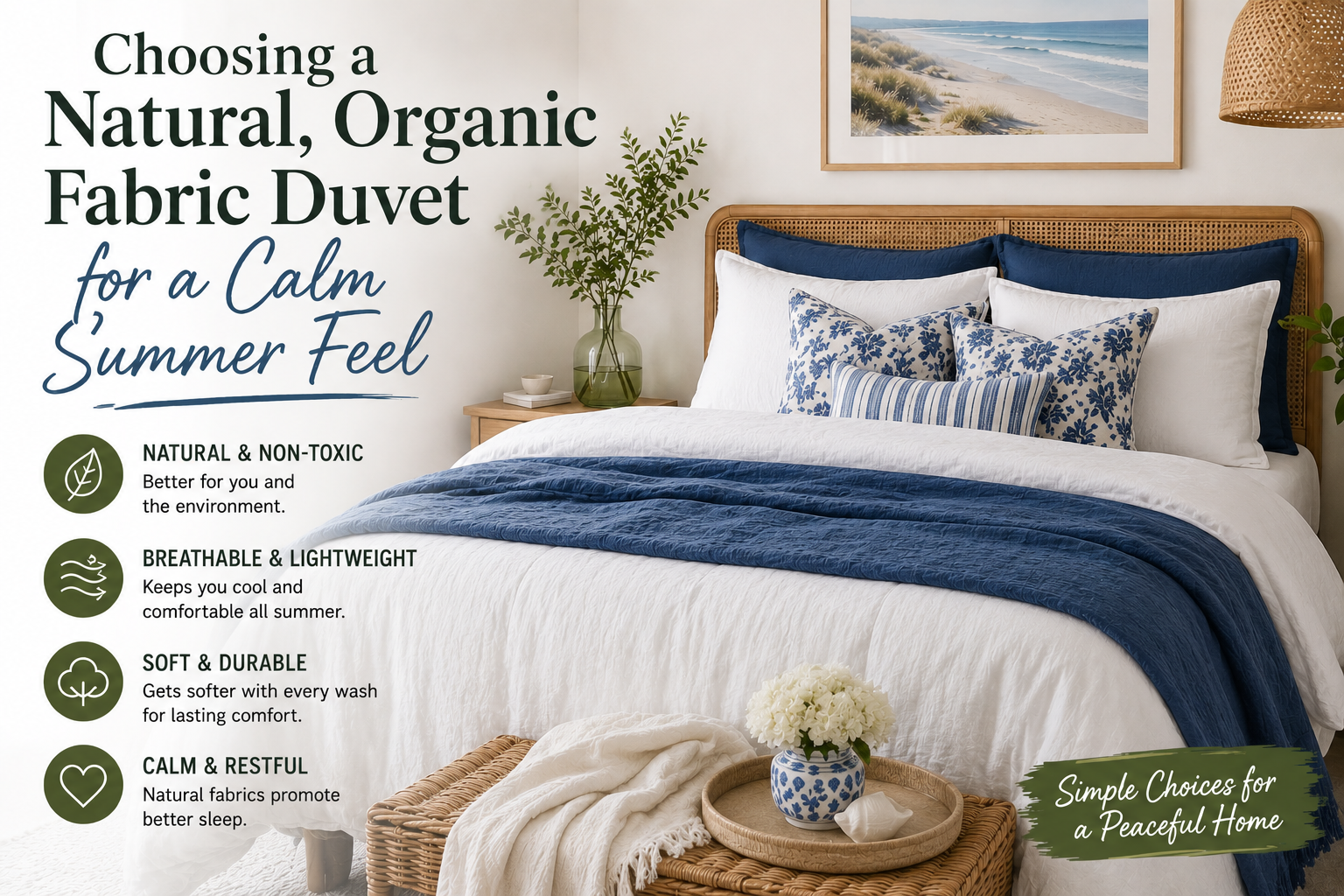 Blue and white coastal bedroom featuring a natural organic fabric duvet and breathable summer bedding for a calm, relaxing atmosphere.
