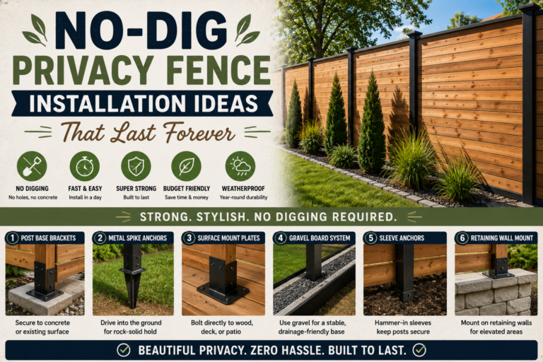 A beautiful backyard with a tall wooden no-dig privacy fence installation creating a secluded outdoor living space surrounded by lush greenery.