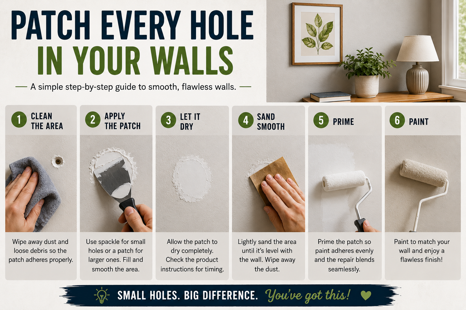 DIY homeowner repairing drywall holes with spackle, sanding, priming, and painting for a smooth wall finish.
