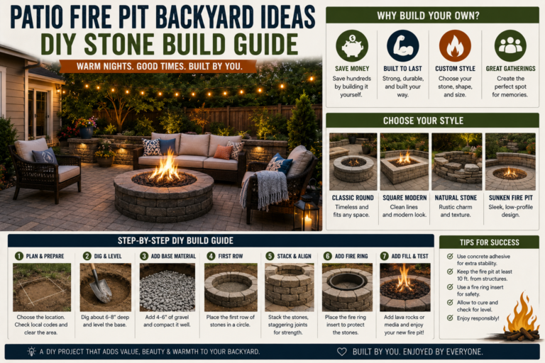 A rustic DIY stone fire pit surrounded by Adirondack chairs on a cozy backyard patio, showcasing classic patio fire pit backyard ideas.