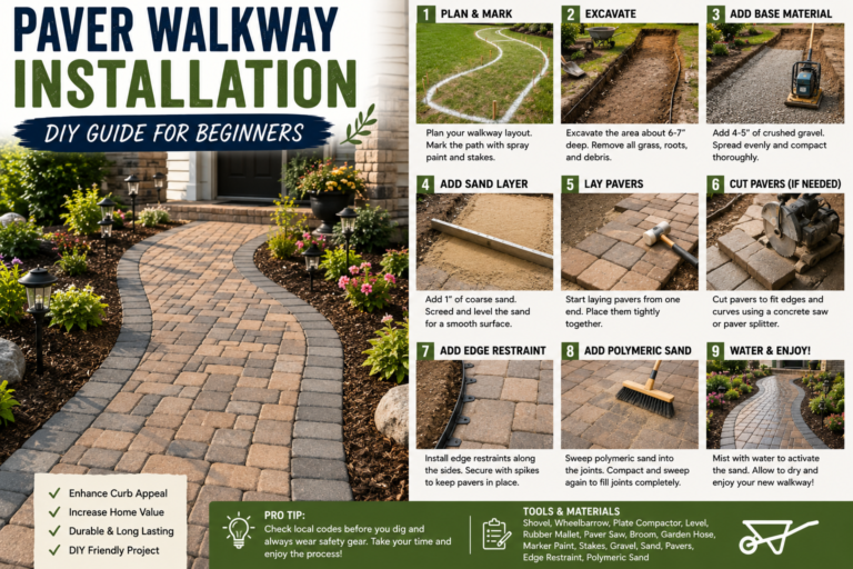 A beginner following a paver walkway installation DIY guide by laying stone pavers along a garden path.