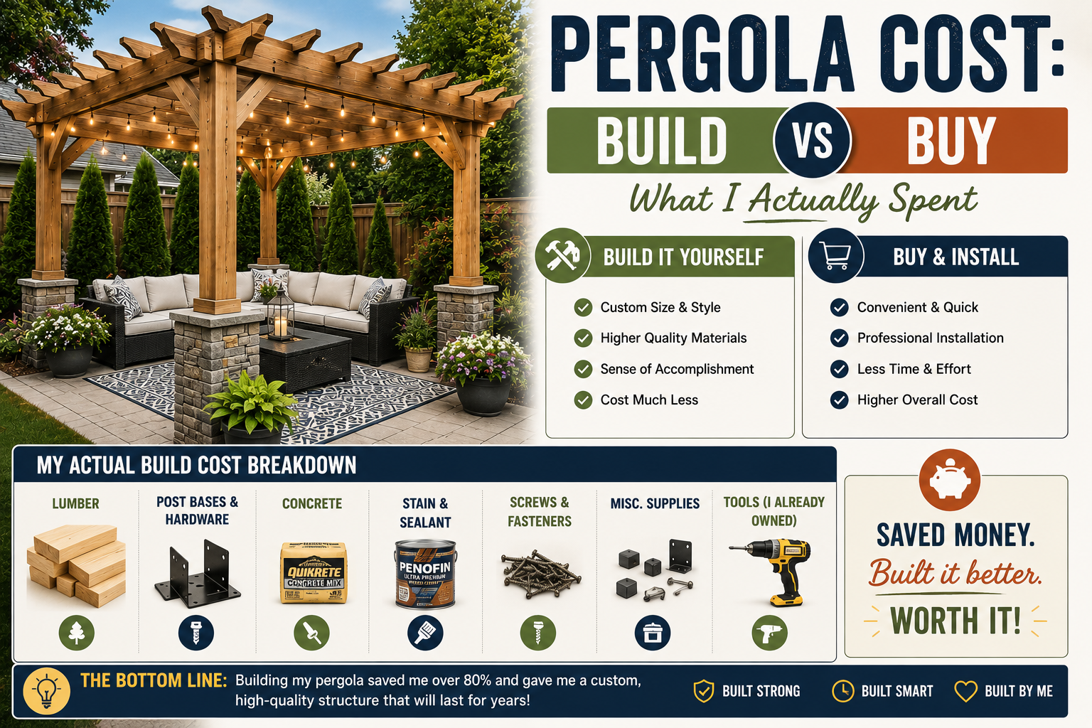A finished backyard pergola with string lights showing the result of weighing pergola cost build vs buy options.