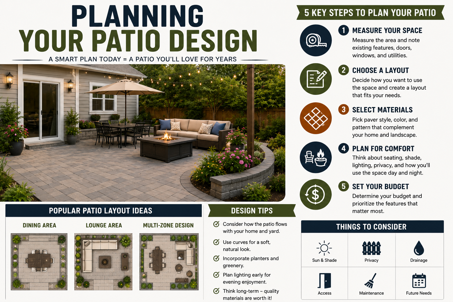 Backyard paver patio design plan showing outdoor living layout ideas, seating areas, landscaping, and patio planning concepts.
