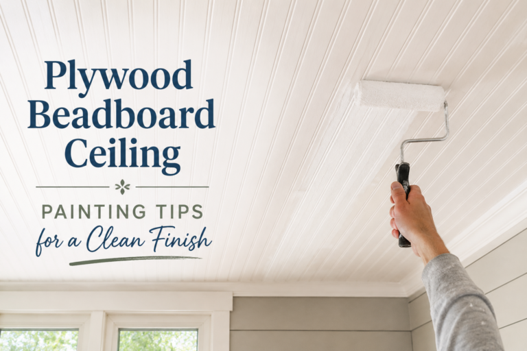 A freshly painted white plywood beadboard ceiling with clean grooves and smooth finish in a bright farmhouse-style room, showcasing expert plywood beadboard ceiling painting tips.