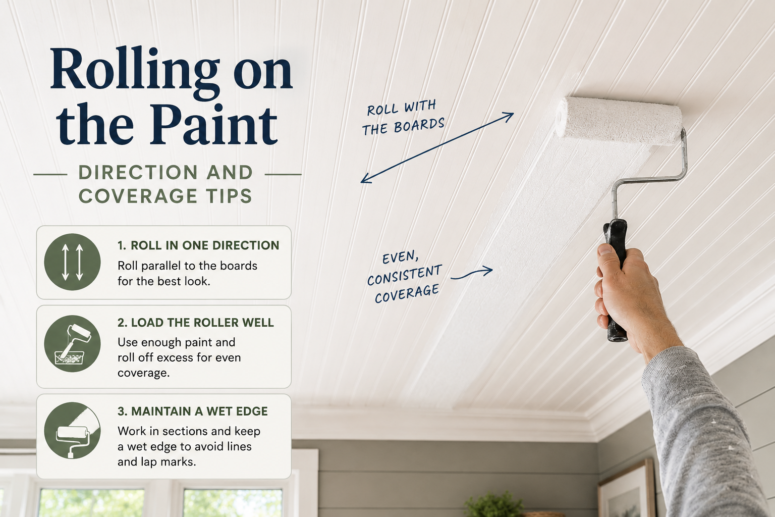 Homeowner painting a plywood beadboard ceiling with a roller for a smooth clean finish during a DIY ceiling makeover project.