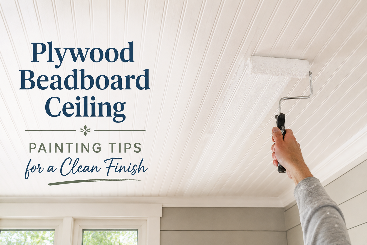 A freshly painted white plywood beadboard ceiling with clean grooves and smooth finish in a bright farmhouse-style room, showcasing expert plywood beadboard ceiling painting tips.