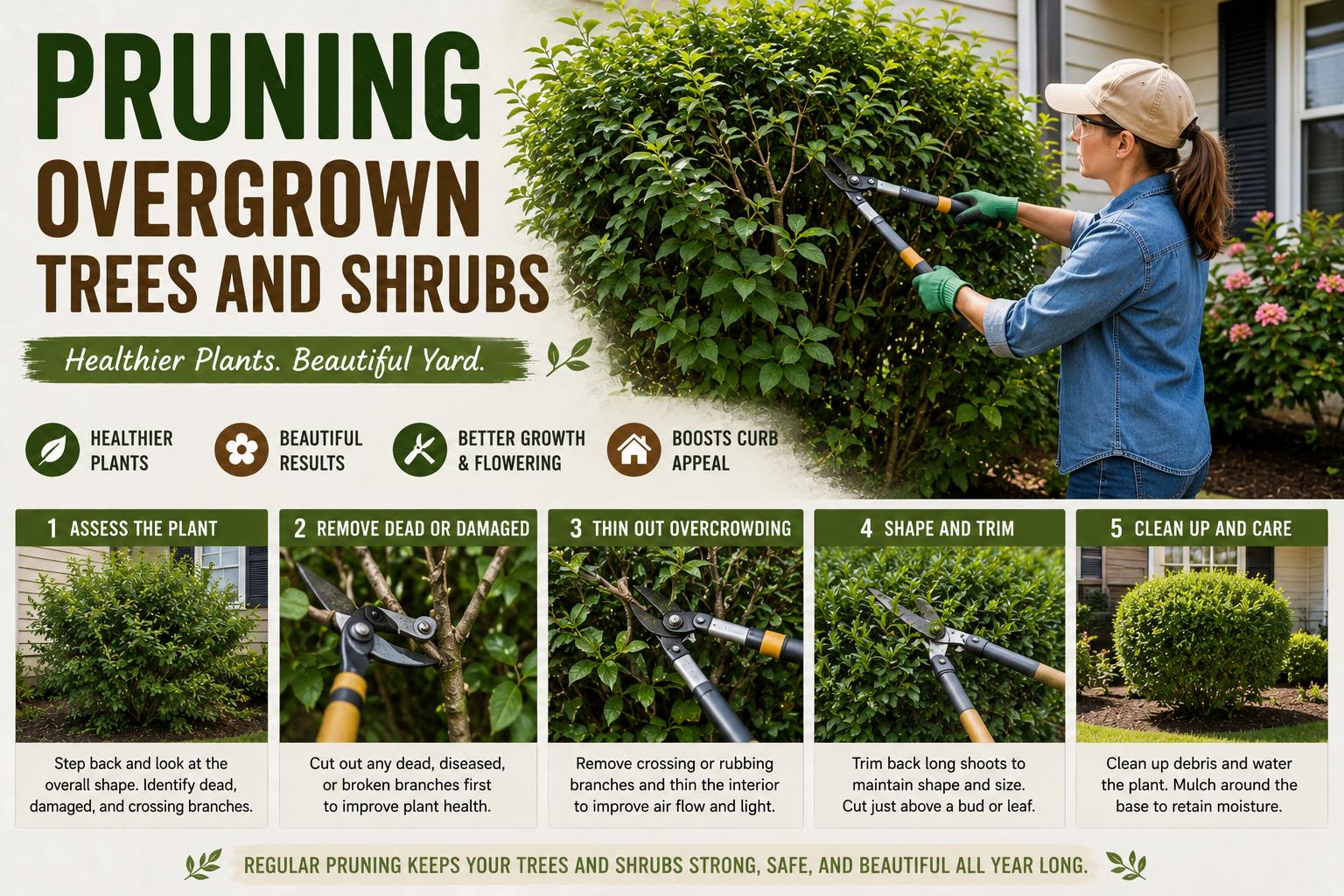 Homeowner pruning overgrown trees and shrubs to improve curb appeal, plant health, and landscape appearance.