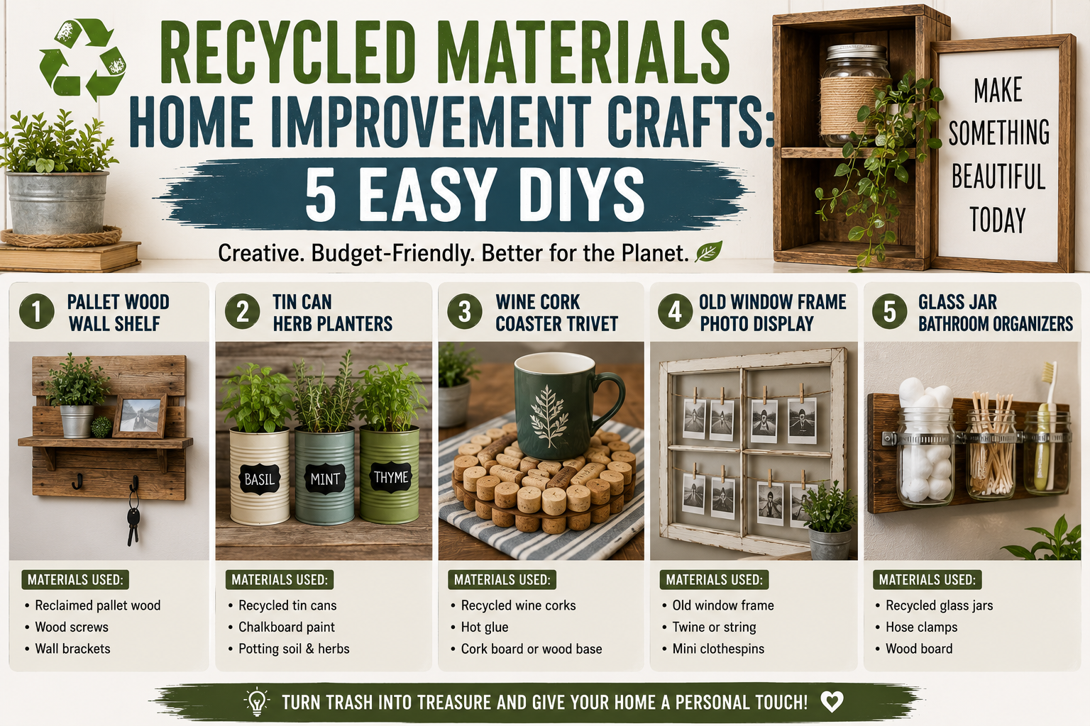 A colorful flat lay of recycled materials home improvement crafts including repurposed jars, wood scraps, and fabric swatches arranged on a rustic wooden table.