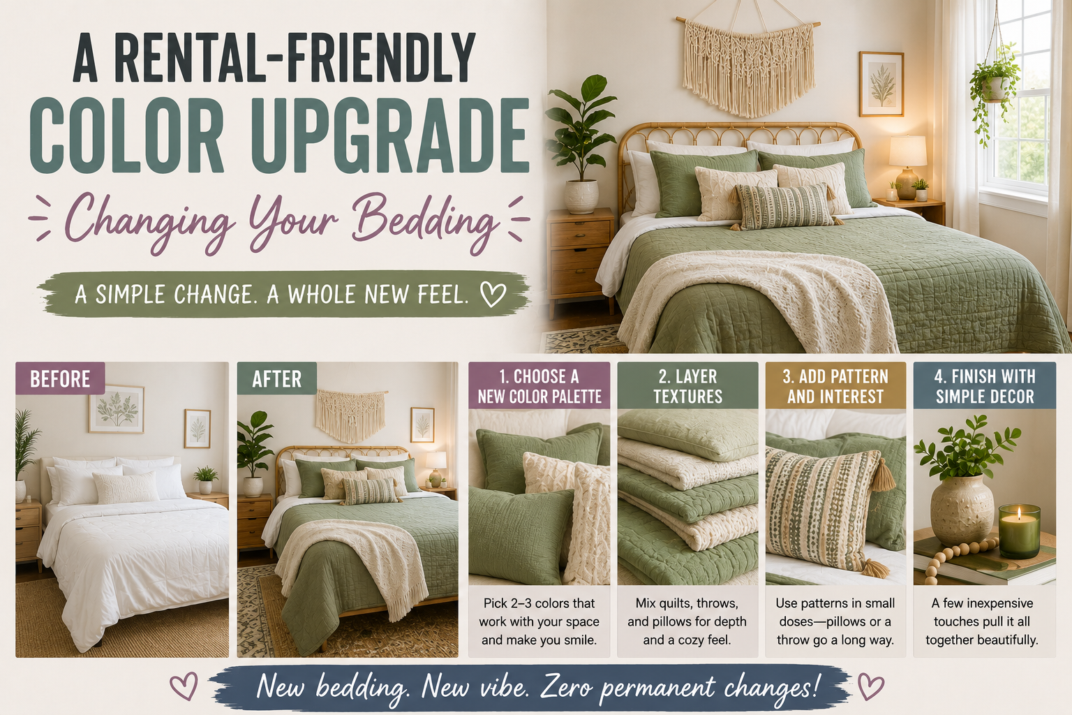 Bedroom makeover using new bedding colors, layered pillows, and textured throws to create a stylish rental-friendly room update.