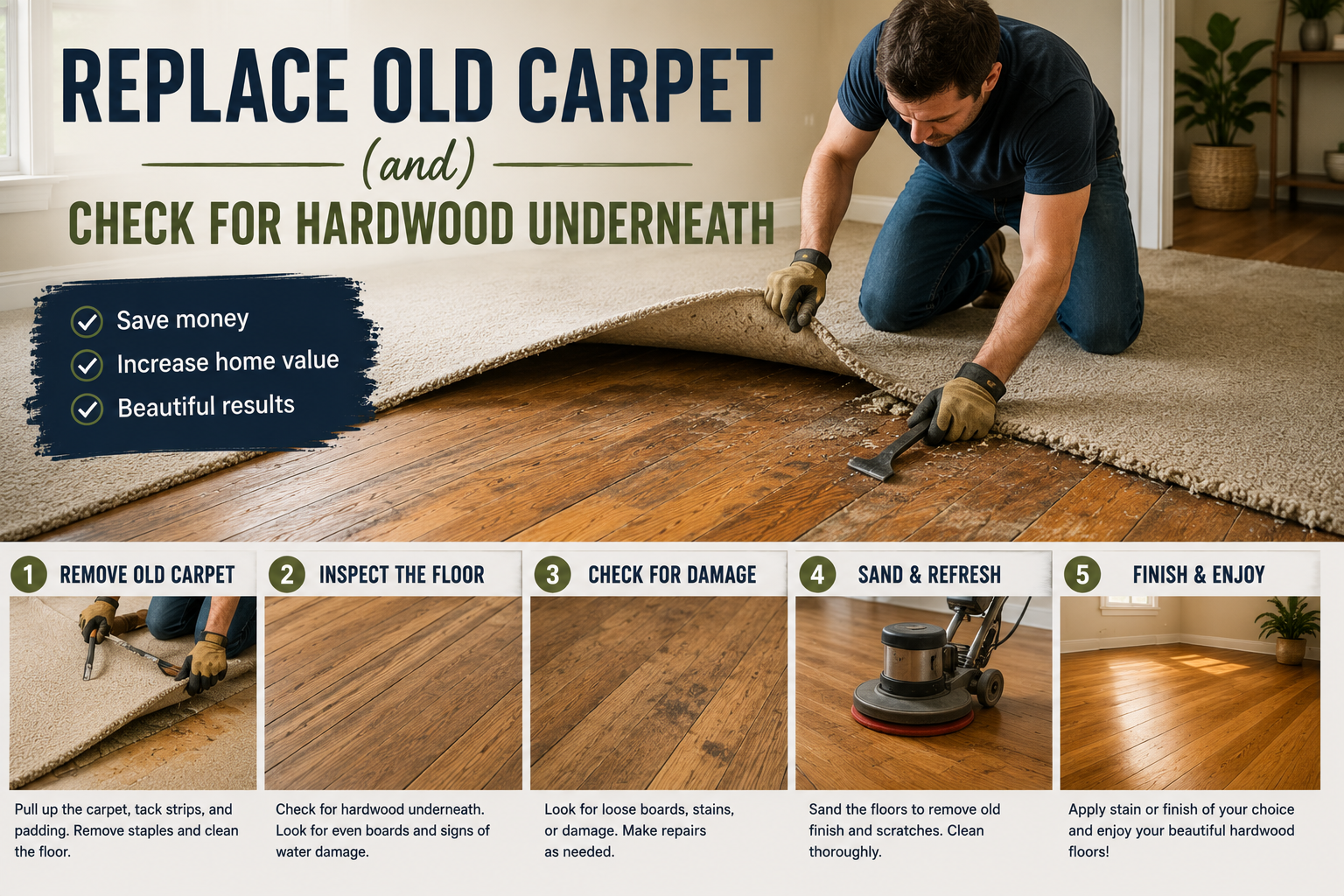 DIY homeowner pulling back old carpet to reveal original hardwood flooring underneath during a home renovation project.