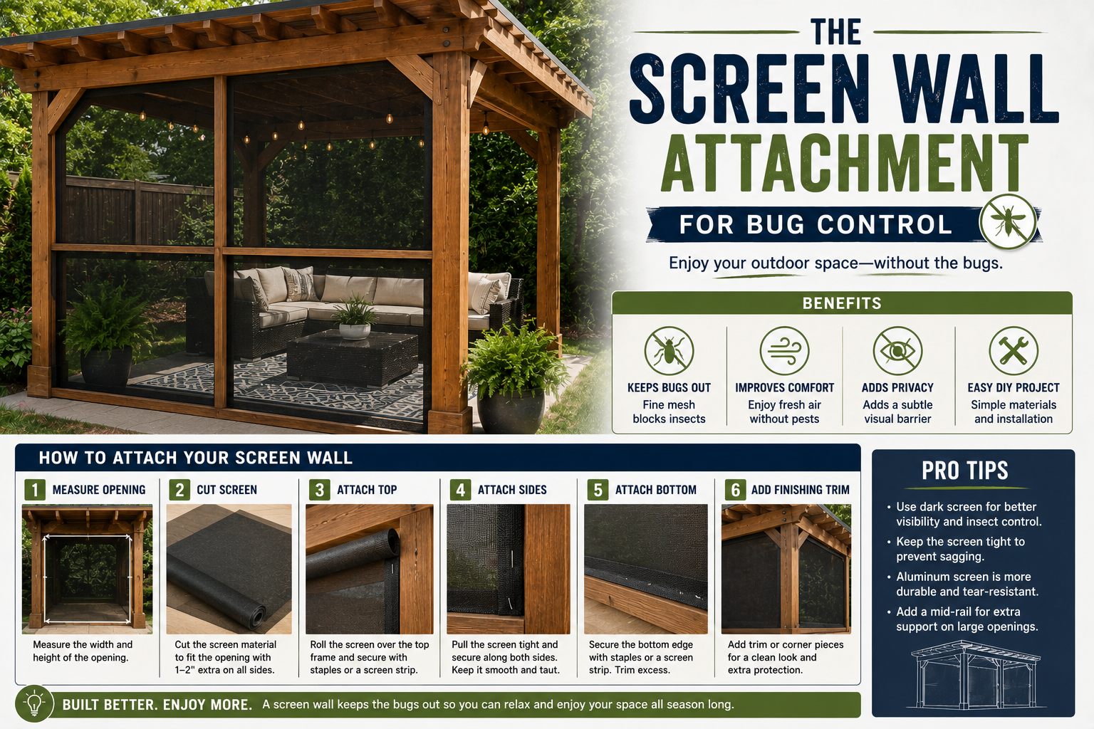 DIY pergola with screened wall attachment for bug control, creating a comfortable outdoor living space free from insects.