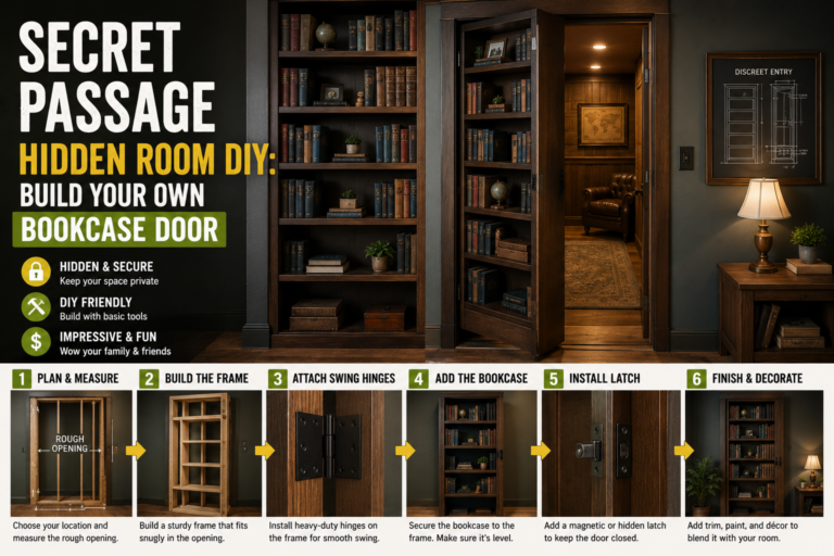A wooden bookcase door slightly ajar revealing a secret passage hidden room DIY project built into a home library wall.