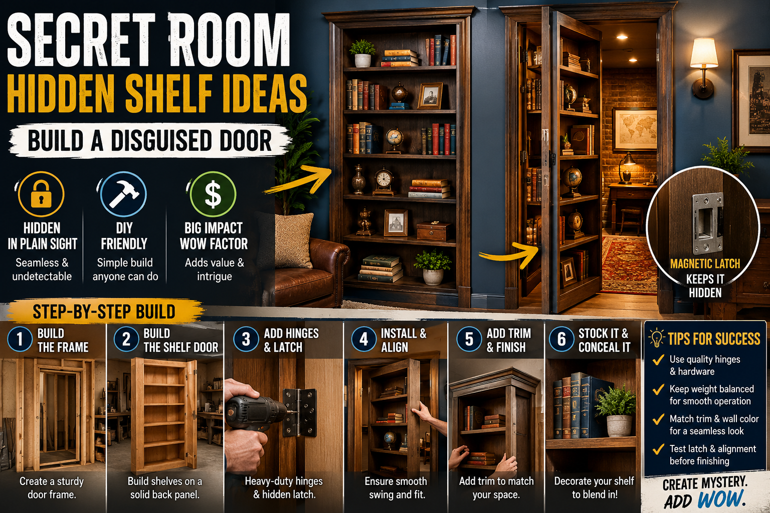 A floor-to-ceiling wooden bookshelf that swings open to reveal a secret room, showcasing one of the most popular secret room hidden shelf ideas for homeowners.