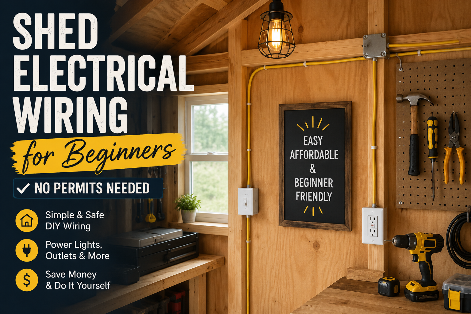 A beginner-friendly shed electrical wiring setup showing an outlet, junction box, and conduit mounted on a wooden interior wall.