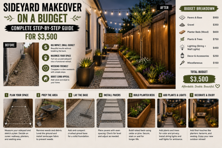 A beautifully completed sideyard makeover on a budget featuring gravel pathways, raised garden beds, and string lights along a narrow residential space.