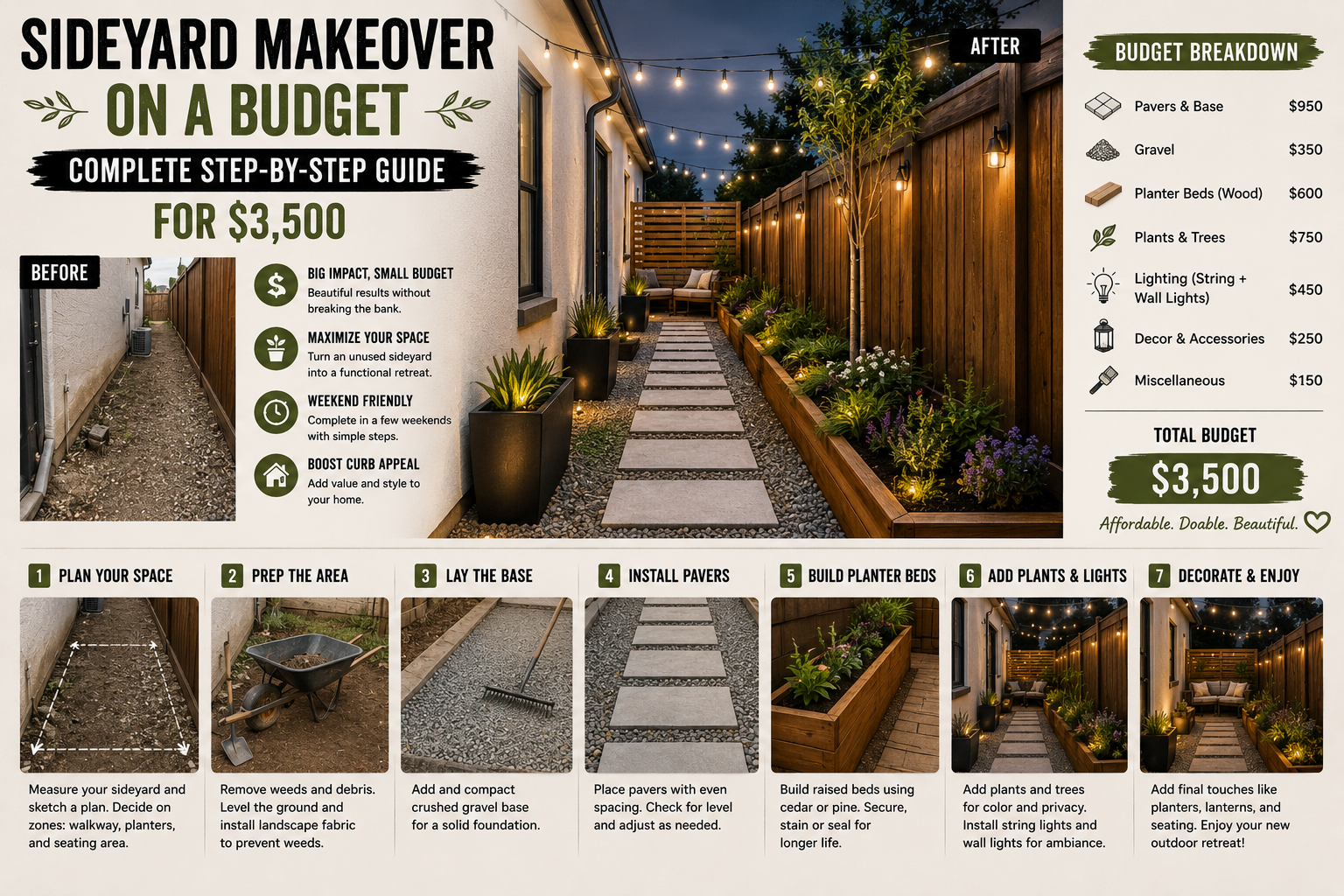 A beautifully completed sideyard makeover on a budget featuring gravel pathways, raised garden beds, and string lights along a narrow residential space.