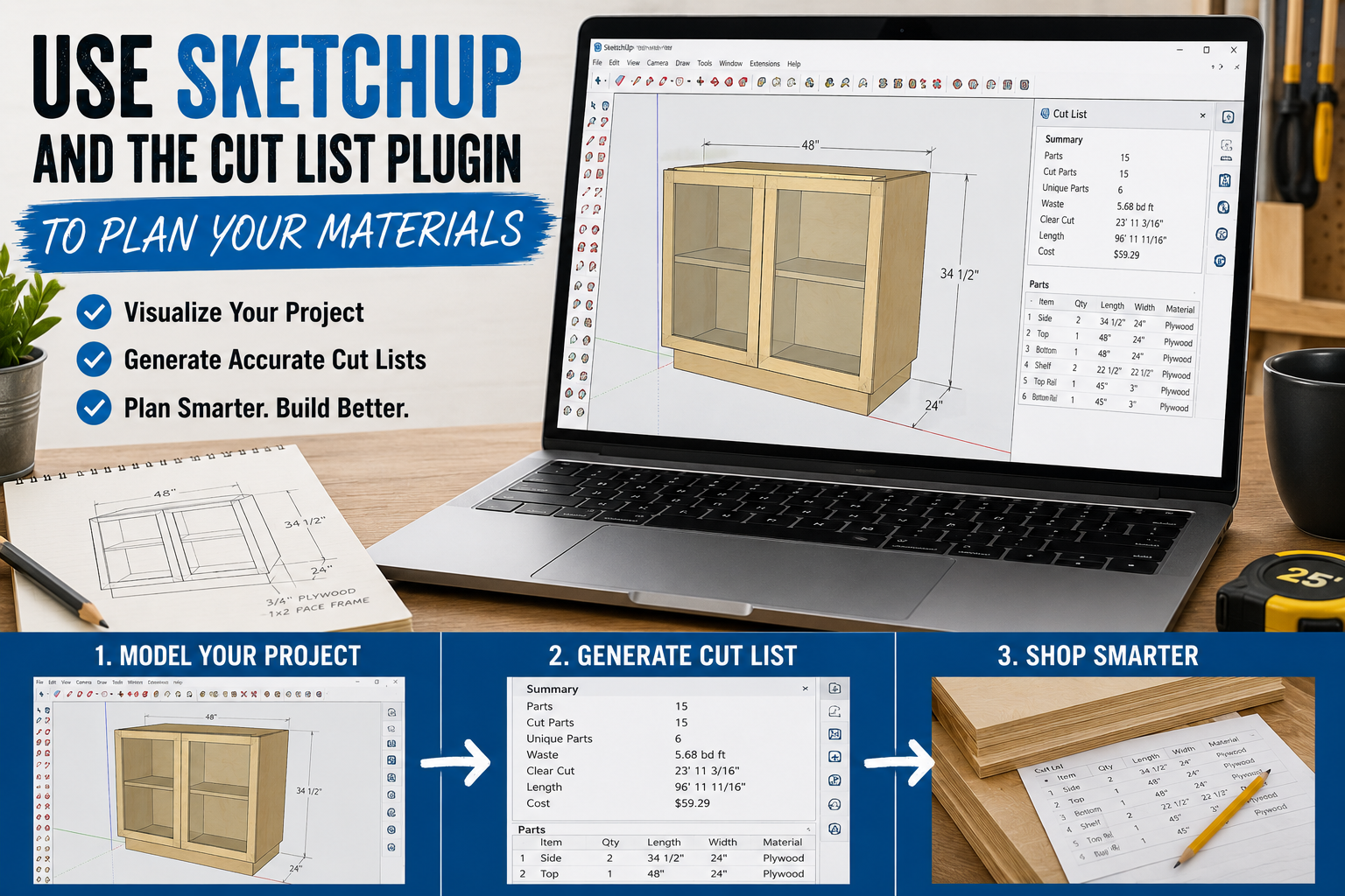 SketchUp cabinet design model with Cut List plugin generating a material list for a DIY woodworking and cabinet-building project.