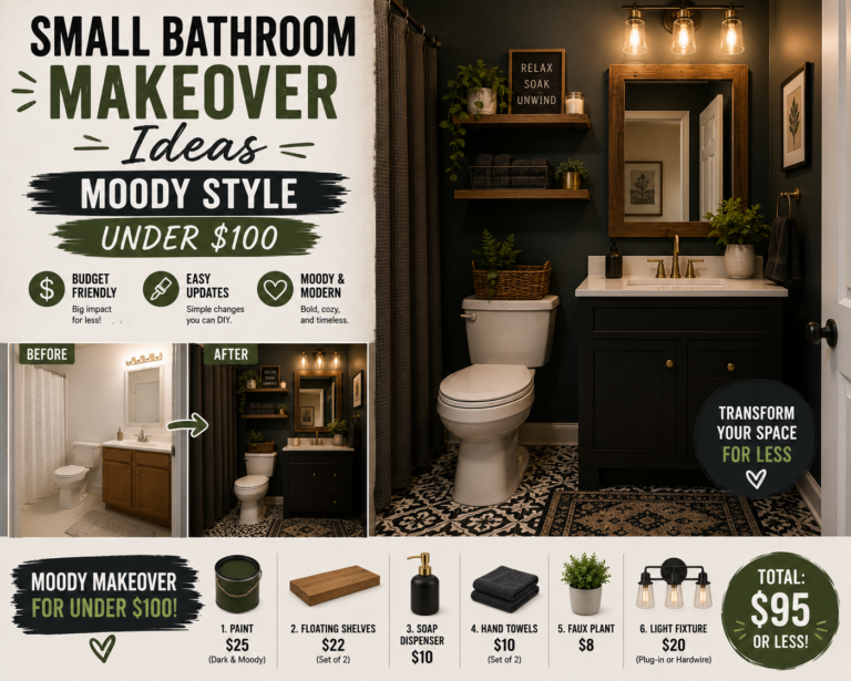 A small bathroom makeover with moody style featuring dark walls, matte black fixtures, and warm candlelight accents under a $100 budget.