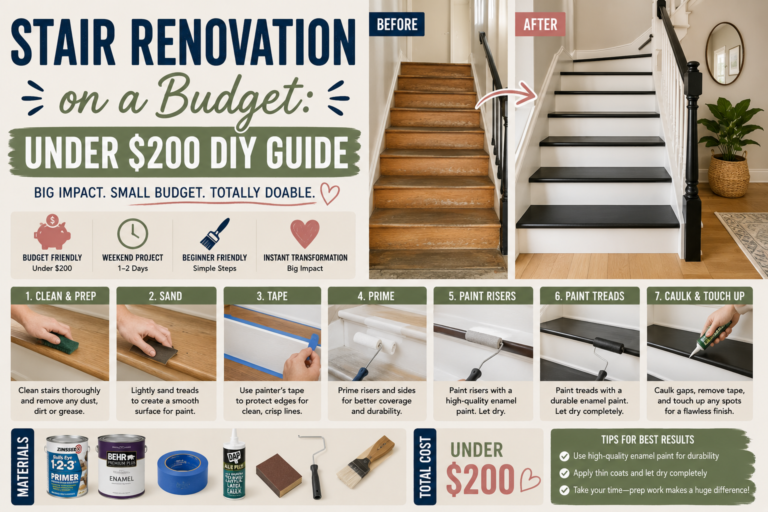 A homeowner completing a stair renovation on a budget by painting wooden stair treads and adding new balusters in a bright, modern entryway.