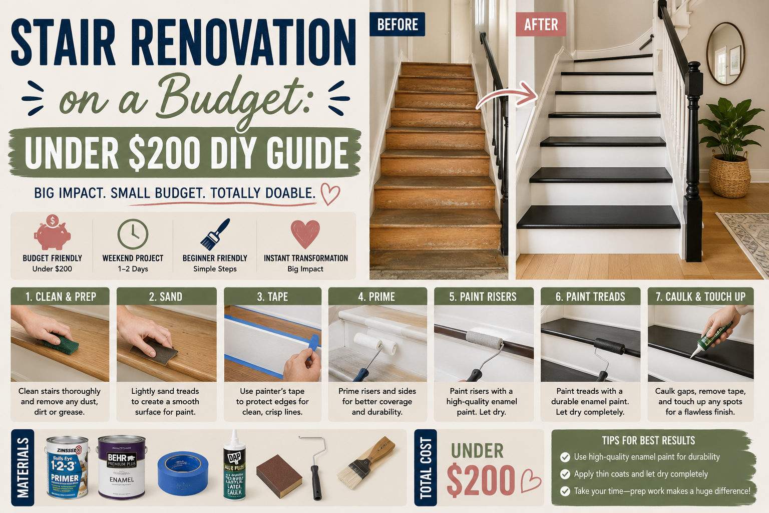 A homeowner completing a stair renovation on a budget by painting wooden stair treads and adding new balusters in a bright, modern entryway.