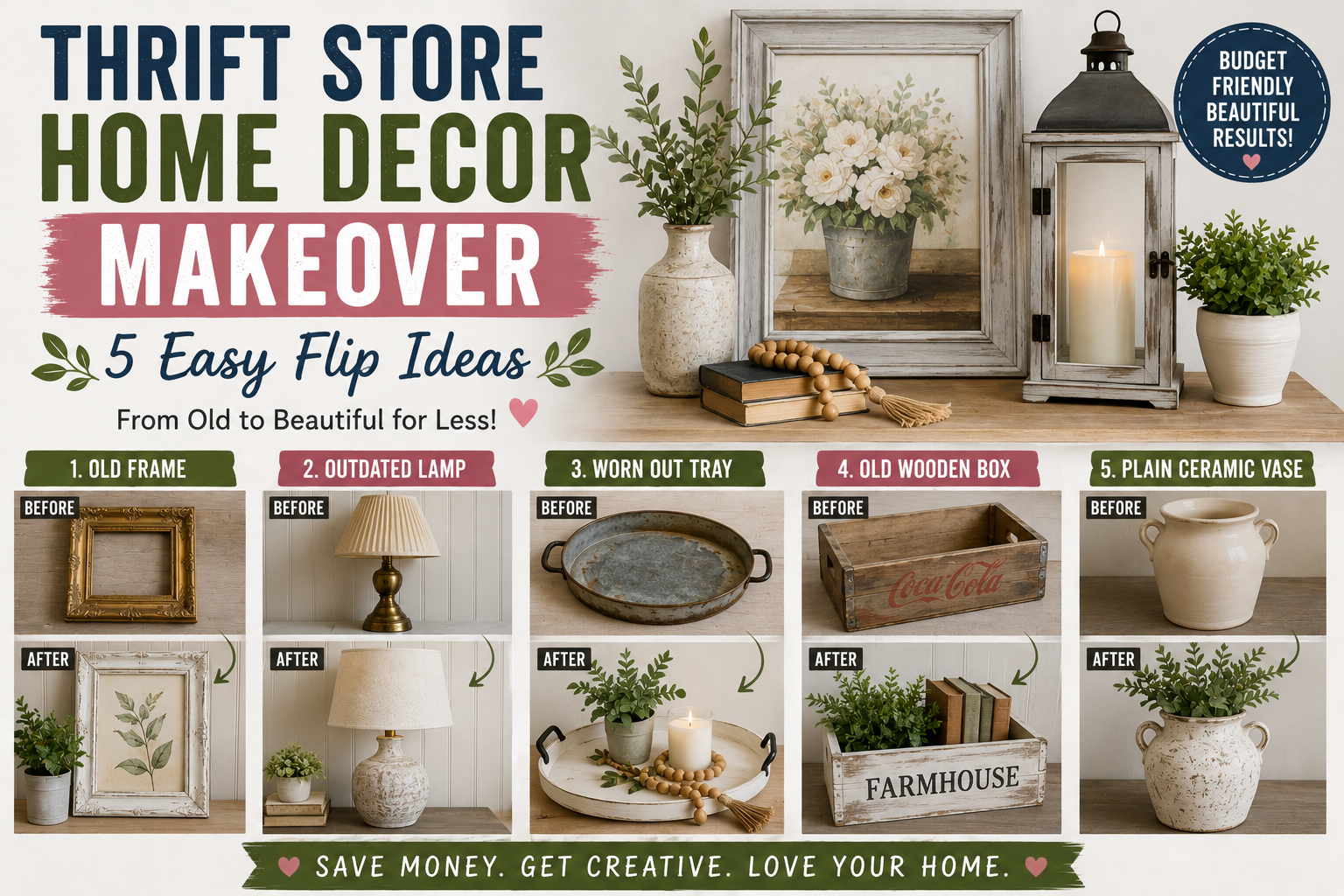 A collection of thrift store home decor makeover projects displayed on a rustic wooden table, including a painted vase, reframed mirror, and upcycled lamp.