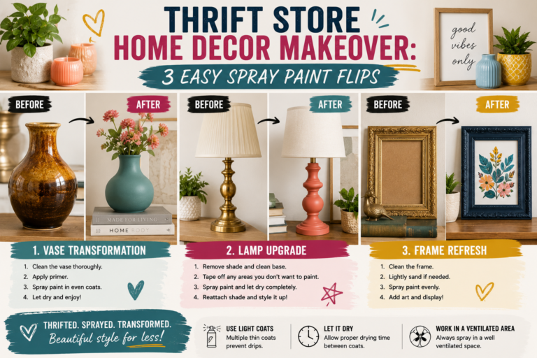 A collection of thrift store home decor makeover projects showing before-and-after spray painted vases, frames, and decorative accents arranged on a wooden table.